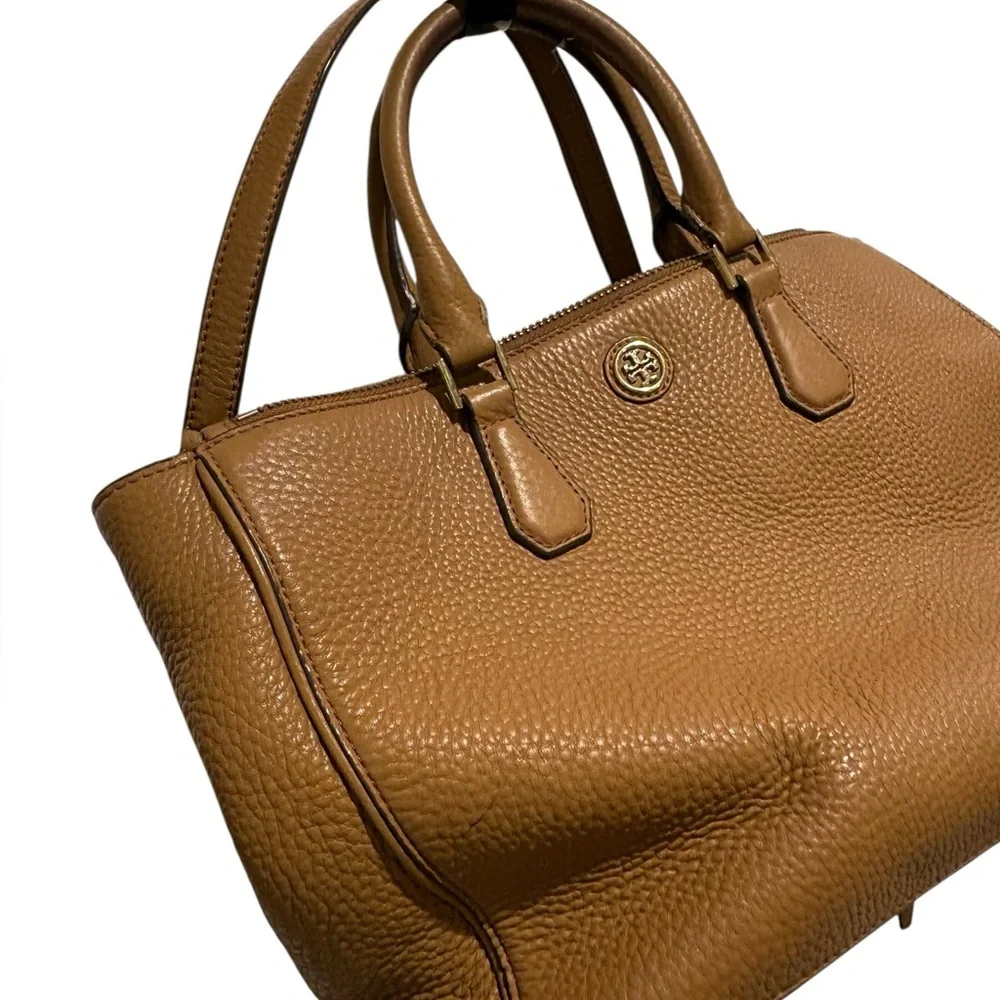 TORY BURCH Robinson Pebbled Leather Tote Bag Satchel Tan
